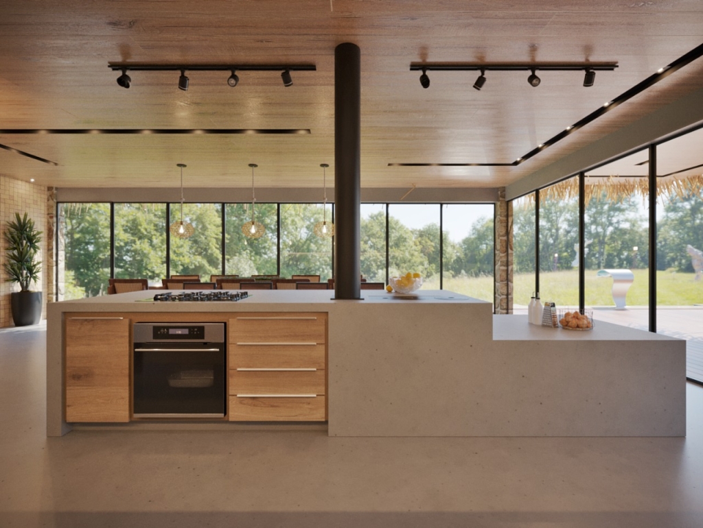 Luz e ventilação natural: cozinha com janelas e portas de vidro