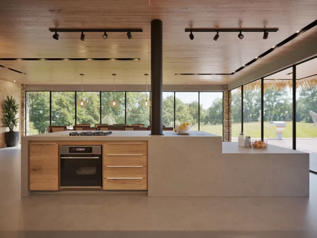 Luz e ventilação natural: cozinha com janelas e portas de vidro